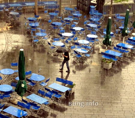 Strassencafe: Leere blaue Tische bei Regen